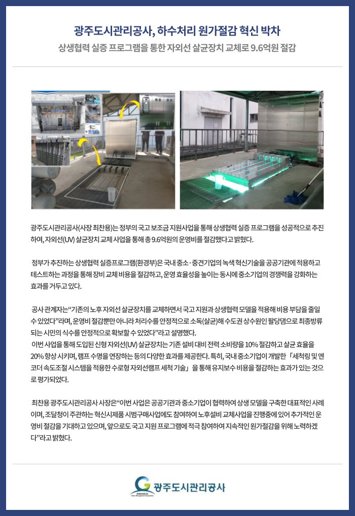 광주도시관리공사, 하수처리 원가절감 혁신 박차
광주도시관리공사(사장 최찬용)는 정부의 국고 보조금 지원사업을 통해 상생협력 실증 프로그램을 성공적으로 추진하여, 자외선(UV) 살균장치 교체 사업을 통해 총 9.6억원의 운영비를 절감했다고 밝혔다.
 
 정부가 추진하는 상생협력 실증프로그램(환경부)은 국내 중소·중견기업의 녹색 혁신기술을 공공기관에 적용하고 테스트하는 과정을 통해 장비 교체 비용을 절감하고, 운영 효율성을 높이는 동시에 중소기업의 경쟁력을 강화하는 효과를 거두고 있다.
 
 공사 관계자는“기존의 노후 자외선 살균장치를 교체하면서 국고 지원과 상생협력 모델을 적용해 비용 부담을 줄일 수 있었다”라며, 운영비 절감뿐만 아니라 처리수를 안정적으로 소독(살균)해 수도권 상수원인 팔당댐으로 최종방류되는 시민의 식수를 안정적으로 확보할 수 있었다”라고 설명했다.
 이번 사업을 통해 도입된 신형 자외선(UV) 살균장치는 기존 설비 대비 전력 소비량을 10% 절감하고 살균 효율을 20% 향상 시키며, 램프 수명을 연장하는 등의 다양한 효과를 제공한다. 특히, 국내 중소기업이 개발한「세척링 및 엔코더 속도조절 시스템을 적용한 수로형 자외선램프 세척 기술」을 통해 유지보수 비용을 절감하는 효과가 있는 것으로 평가되었다.  
 
 최찬용 광주도시관리공사 사장은“이번 사업은 공공기관과 중소기업이 협력하여 상생 모델을 구축한 대표적인 사례이며, 조달청이 주관하는 혁신시제품 시범구매사업에도 참여하여 노후설비 교체사업을 진행중에 있어 추가적인 운영비 절감을 기대하고 있으며, 앞으로도 국고 지원 프로그램에 적극 참여하여 지속적인 원가절감을 위해 노력하겠다”라고 밝혔다.
